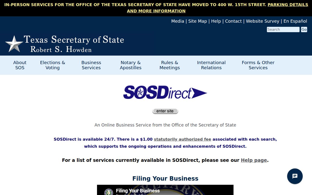 Johnson County residents directory Texas SOSDirect business search entry