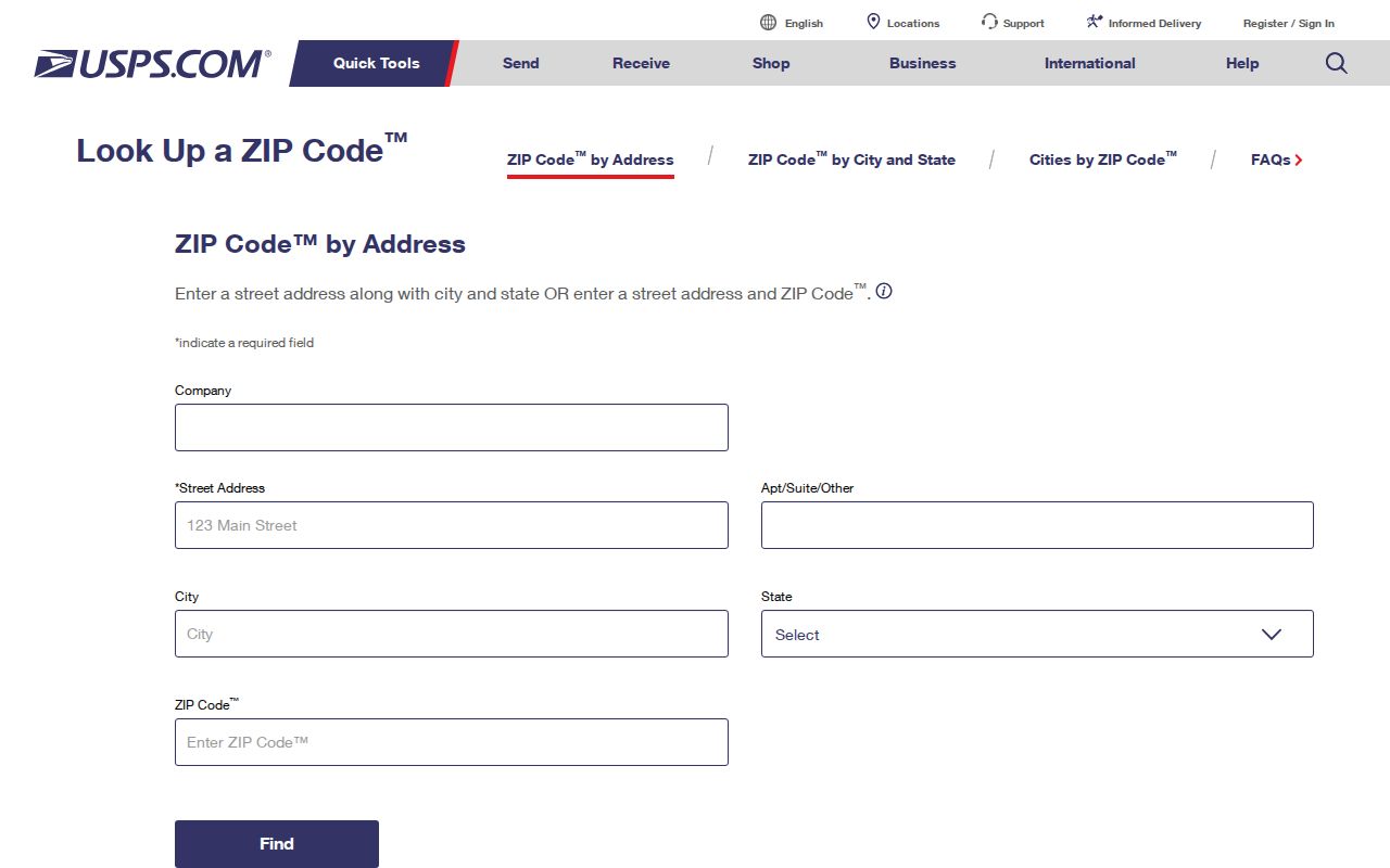 Johnson County ZIP code directory USPS address lookup screen